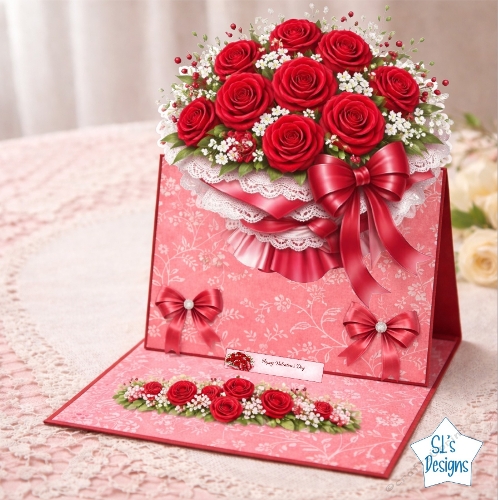 Luxury Red Roses Valentines Day Easel Card Front – Lace, Satin Bows & Happy Valentines Day Design