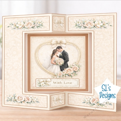 Elegant Wedding Card Front – Bride & Groom in Heart Frame with Bows