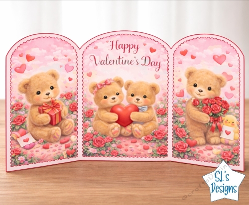 Cute Teddy Bears Valentines Day Card Front – Hearts, Roses & Happy Valentines Day Design