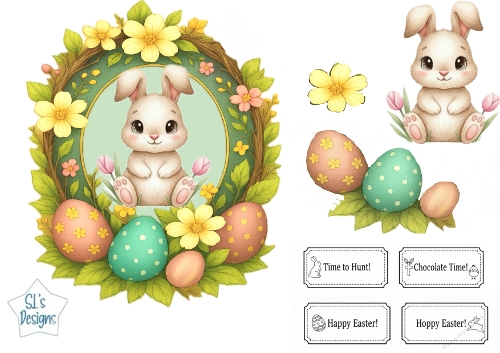 Cute Easter Bunny with Eggs & Spring Floral Wreath Printable Card Topper