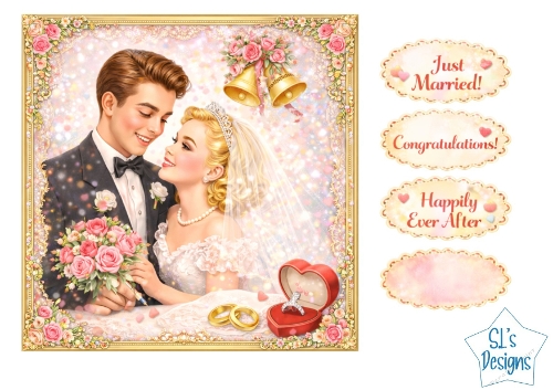 Romantic Wedding Card Front – Bride & Groom, Floral Frame, Wedding Bells & Love Labels