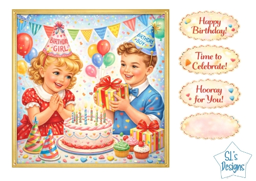 Cute Kids Birthday Card Front – Party Scene with Cake, Balloons & Celebration Labels