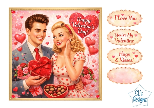 Vintage Couple Valentines Day Card Front – Hearts, Balloons, Chocolates & Romantic Labels
