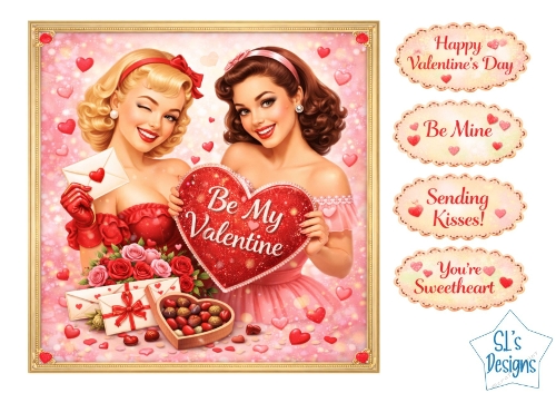 Vintage Ladies Valentines Day Card Front – Hearts, Roses, Chocolates & Be My Valentine Design