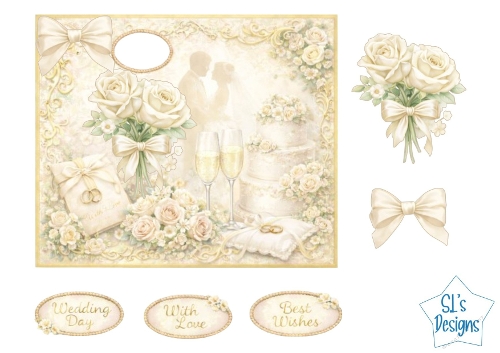 Elegant Wedding Card Front – Bride & Groom, Roses, Wedding Cake, Rings & Sentiment Labels