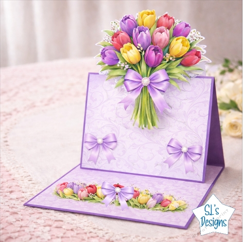 Elegant Tulip Bouquet Pop‑Up Card Front – Colorful Spring Flowers & Lavender Bow Design