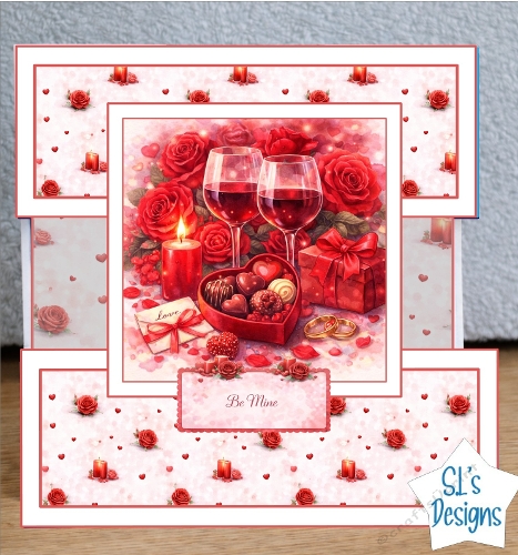 Romantic Valentines Day Card Front – Wine Glasses, Roses, Chocolates, Candle 