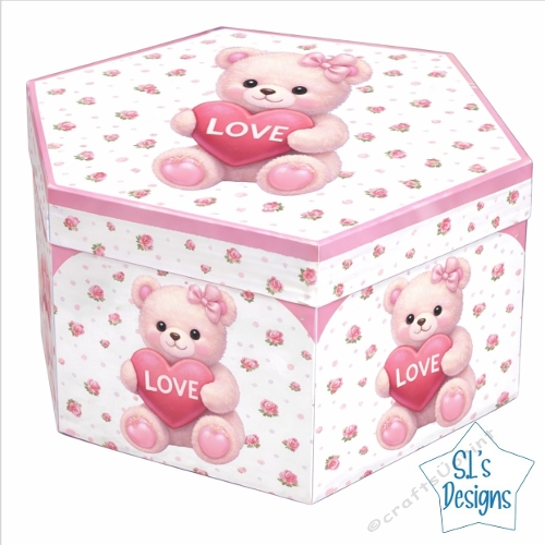Cute Teddy Bear LOVE Hexagon Gift Box – Pink Bear with Heart, Roses & Sweet Valentine Design