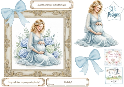 Sweet Baby Arrival Blue Floral Pregnancy Clipart & Cardmaking Set