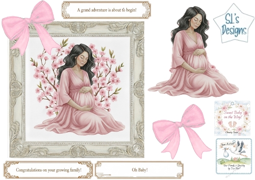 Pink Floral Pregnancy Clipart & Baby Arrival Cardmaking Set