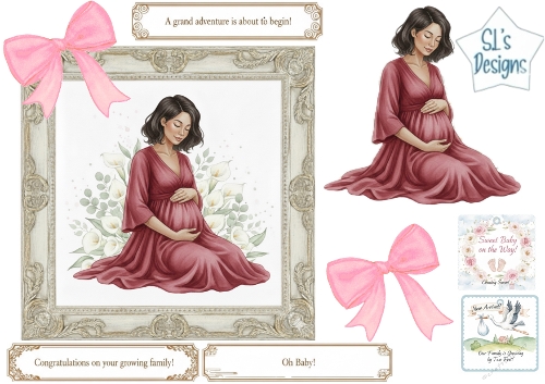 Maroon Floral Pregnancy Clipart & Baby Arrival Cardmaking Set