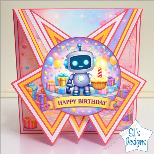 Cute Robot Birthday Card Topper with Balloons, Presents and Cupcake 