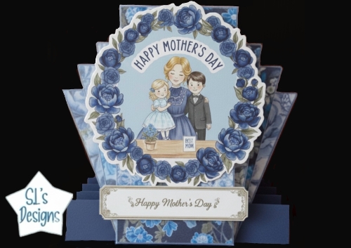 Mothers Day Pop‑Up Card Topper with Mom and Children – Blue Floral Layered Design
