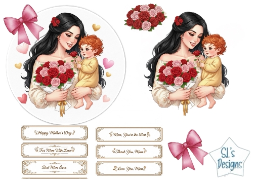 Mothers Day Card Topper with Mom and Child – Red Rose Floral Design