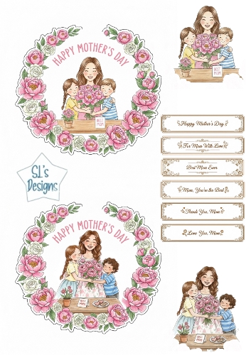 Mothers Day Floral Wreath Card Topper with Mom and Children – Pink Peonies Design