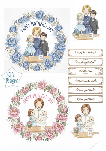 Mothers Day Floral Wreath Card Toppers – Mom with Children in Blue and Pink Designs