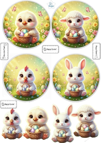 Easter Card Toppers with Cute Baby Animals – Bunny, Chick, Lamb and Hen Designs
