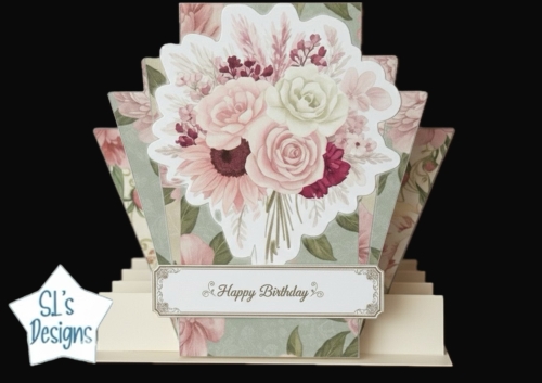 Elegant Floral Layered Birthday Card – 3D Accordion Design with Roses & Sunflowers
