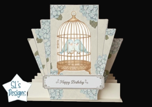 Blue Birds in Golden Cage Layered Birthday Card – Elegant 3D Floral Hydrangea Design