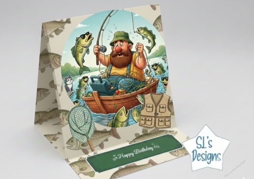 Funny Fishing Birthday Card – Humorous Fisherman in Boat with Jumping Fish