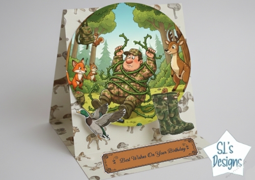 Funny Hunting Birthday Card – Humorous Hunter Tangled in Vines with Forest Animals