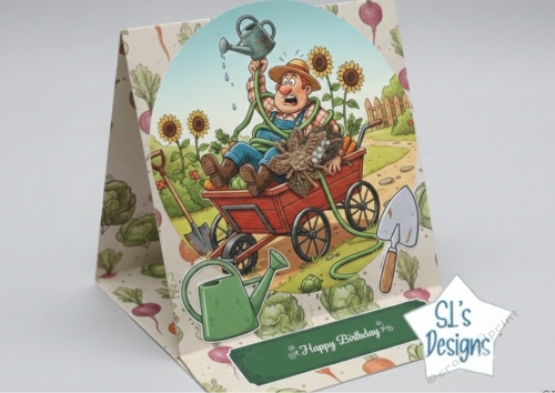 Funny Gardening Birthday Card – Humorous Gardener in Wagon with Tools & Vegetables