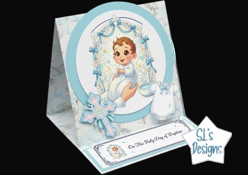 Baby Boy Baptism Card Topper with Doves, Cross & Blue Accents