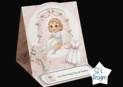 Baby Girl Baptism Card Topper with Pink Accents, Doves & Cross