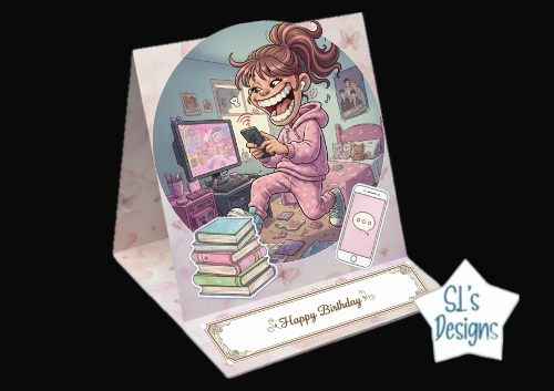 Fun Teen Girl Bedroom Pop‑Up Birthday Card  Cute Pink Gamer Room  Printable 3D Card Kit