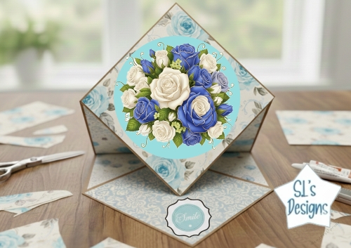 Elegant 3D Pop‑Up Floral Card with Blue & White Roses – Printable Craft Kit