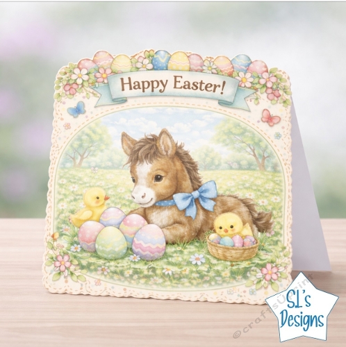 Cute Easter Card Topper with Baby Horse, Chicks and Eggs