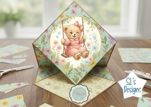 Cute Teddy Bear on Floral Swing