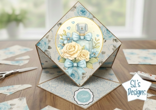 Elegant Blue Perfume Bottle Diamond‑Shaped Card Front 