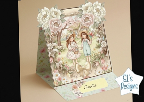 Vintage Garden Sweethearts Card Topper with Children, Flowers & Golden Bow