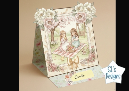 Vintage Spring Picnic Sweetie Card Topper with Girls, Bunny & Blossoms