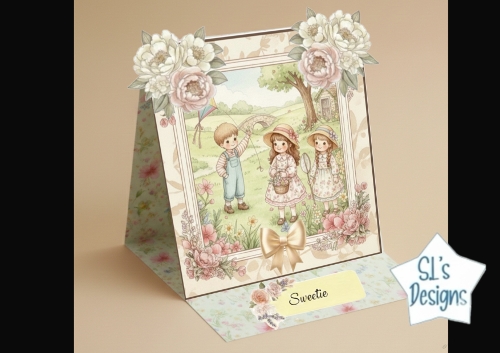 Vintage Children Playing in Spring Meadow Card Topper with Flowers & Bow