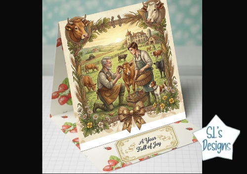 A Year Full of Joy – Rustic Farm Life Card with Calf & Farmers