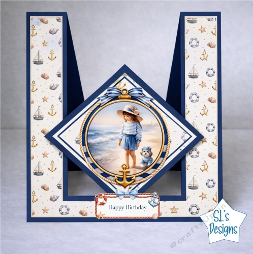 Nautical Birthday Card Topper – Cute Sailor Girl and Dog Beach Scene Printable