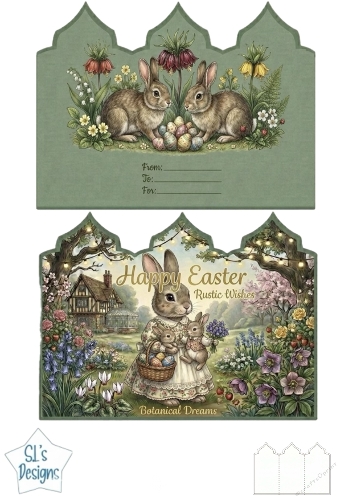 Rustic Easter Card with Bunny Trio, Floral Garden & Botanical Cottage Scene