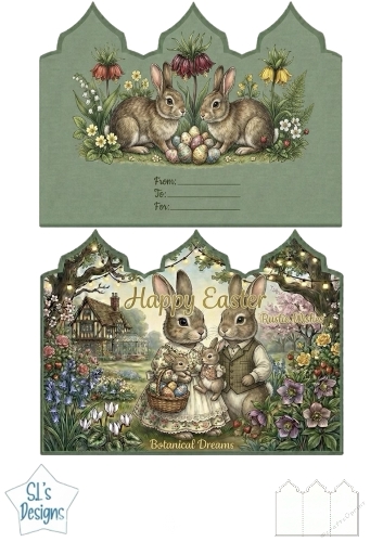 Rustic Easter Card with Bunny Family, Floral Eggs & Botanical Cottage Garden