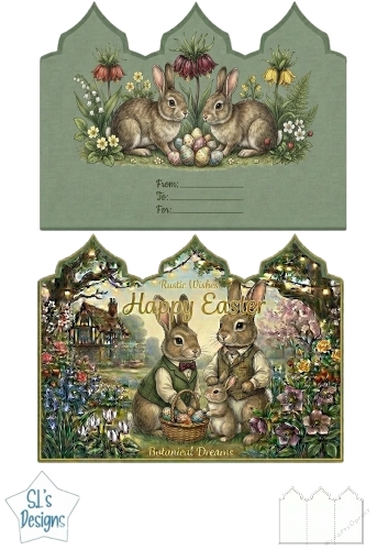 Rustic Easter Card with Bunny Trio, Floral Eggs & Botanical Cottage Garden