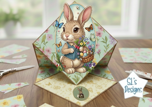 Easter Wishes 3D Pop‑Up Card with Bunny, Floral Accents & Painted Eggs