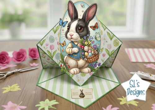 Happy Easter Pop‑Up Card with Bunny, Floral Basket & Spring Garden Accents
