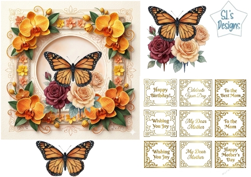 Elegant Floral & Butterfly Frame with Sentiment Tags – Birthday & Mothers Day Card Topper