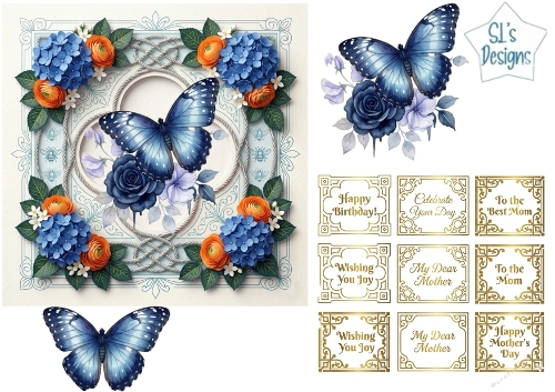Blue Butterfly & Hydrangea Floral Card Topper with Gold Sentiment Labels – Birthday & Mothers Day