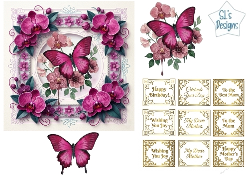 Pink Butterfly & Orchid Floral Card Topper with Gold Sentiment Labels – Birthday & Mothers Day