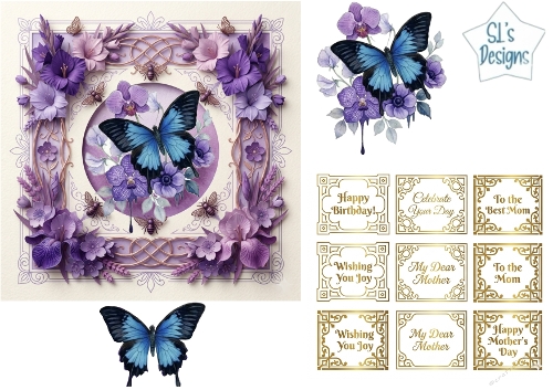 Blue Butterfly & Purple Floral Card Topper with Gold Sentiment Labels – Birthday & Mothers Day