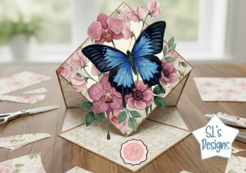 Blue Butterfly Pop‑Up Floral Card Topper with Pink & Purple Flowers – Joy Sentiment