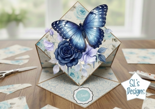 Blue Butterfly Pop‑Up Floral Card Topper with Blue & Purple Flowers – Smile Sentiment