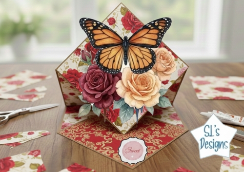 Orange Butterfly Pop‑Up Floral Card Topper with Red & Peach Roses – Sweet Sentiment